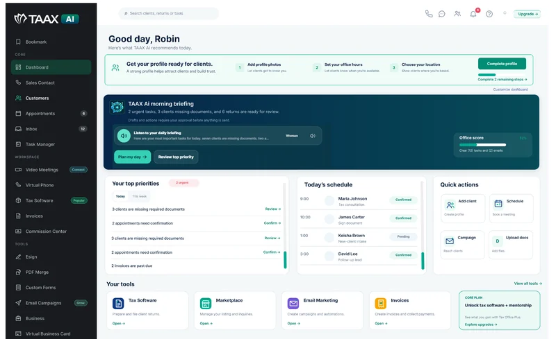 Current TAAX Ai desktop dashboard with daily briefing, priorities and client tools