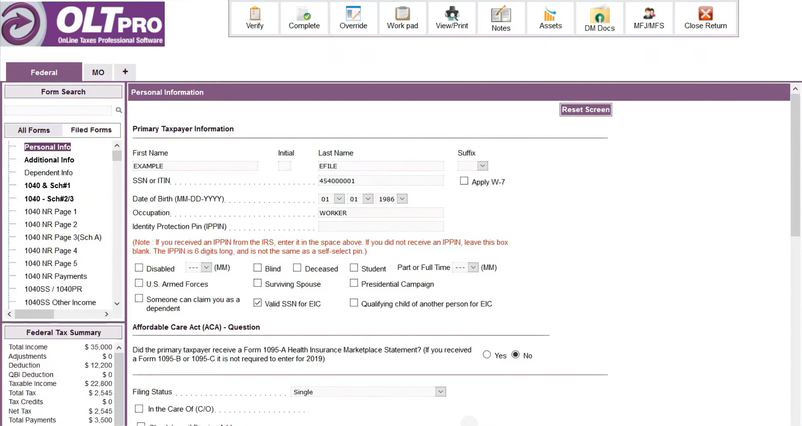 OLT Pro example return-preparation screen showing form navigation and taxpayer entry