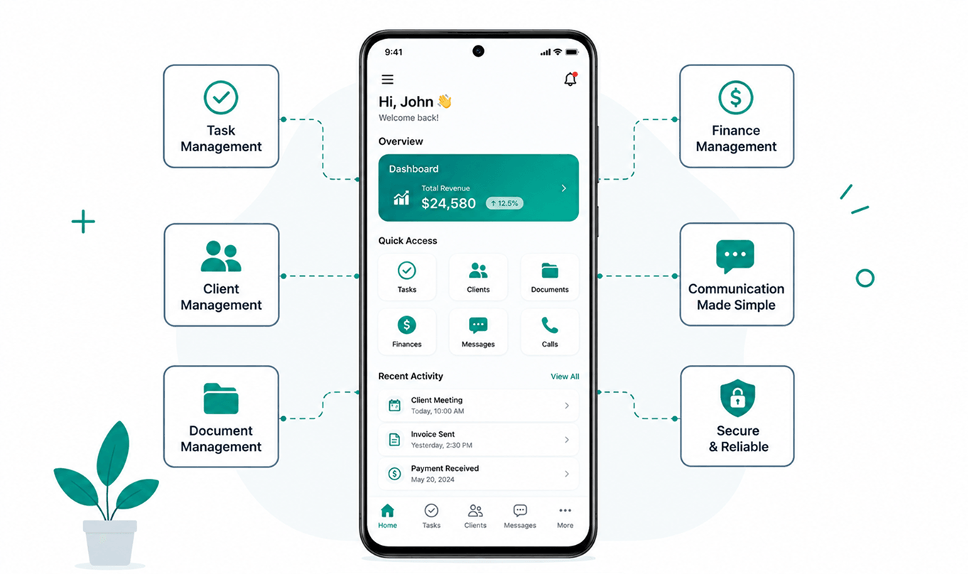 TAAX Pro mobile app with task, client, document, finance and communication tools